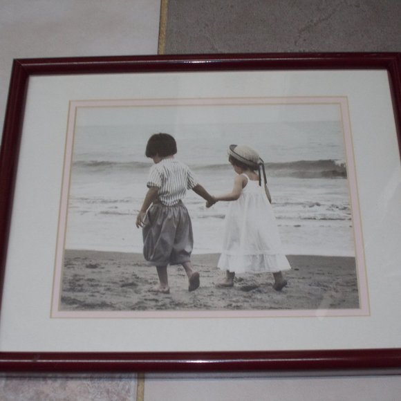EUC, Girl & Boy walking at beach matted & framed - Picture 1 of 4